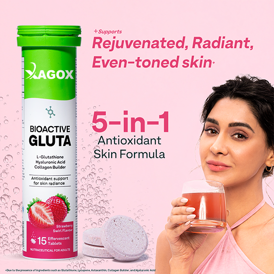 Xagox® Bioactive Gluta Fizzy-5 Potent Antioxidants | Glutathione tablets For Radiance & Hydration| With Hyaluronic Acid, Lycopene, Astaxanthin - Strawberry swirl, Pack of 2 (30 Tablets)