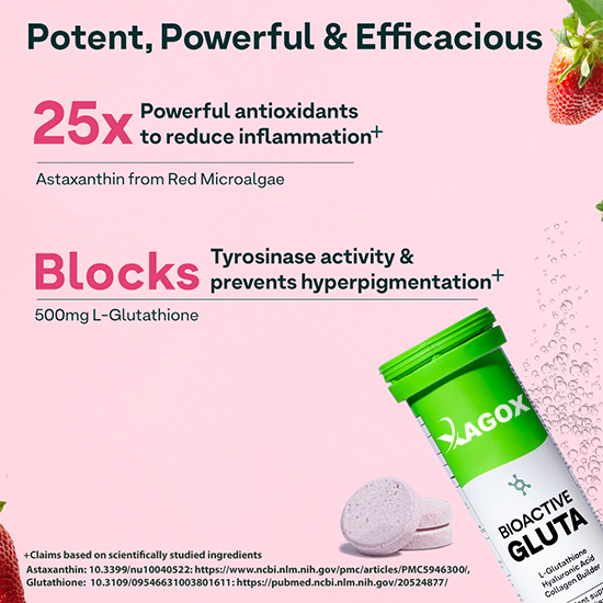 Xagox® Bioactive Gluta Fizzy-5 Potent Antioxidants | Glutathione tablets For Radiance & Hydration| With Hyaluronic Acid, Lycopene, Astaxanthin - Strawberry swirl, Pack of 2 (30 Tablets)
