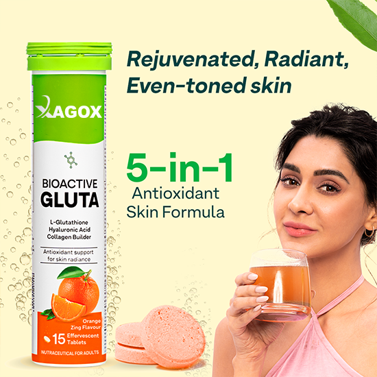 Xagox® Bioactive Gluta Fizzy-5 Potent Antioxidants | Glutathione tablets For Radiance & Hydration| With Hyaluronic Acid, Lycopene, Astaxanthin - Strawberry swirl, Pack of 2 (30 Tablets)