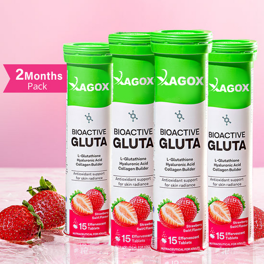 Xagox® Bioactive Gluta Fizzy-5 Potent Antioxidants | Glutathione tablets For Radiance & Hydration| With Hyaluronic Acid, Lycopene, Astaxanthin - Strawberry swirl, Pack of 2 (30 Tablets)