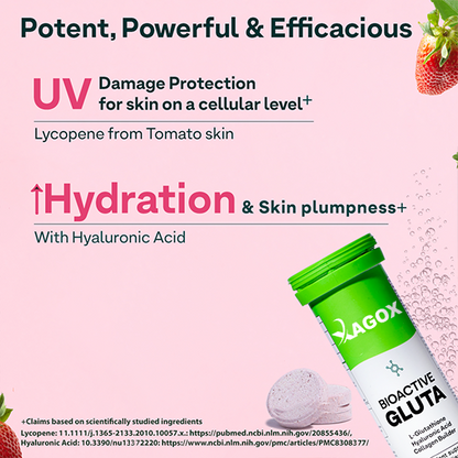 Xagox® Bioactive Gluta Fizzy-5 Potent Antioxidants | Glutathione tablets For Radiance & Hydration| With Hyaluronic Acid, Lycopene, Astaxanthin - Strawberry swirl, Pack of 2 (30 Tablets)