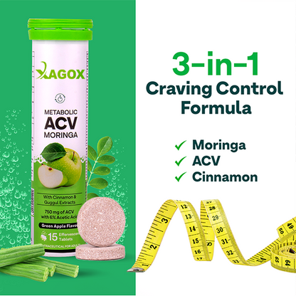 Xagox® ACV Moringa | Control Cravings | Apple Cider Vinegar, Cinnamon, Guggul | No Maltodextrin & No Added Sugar - Green apple, Pack of 4 (60 Tablets)