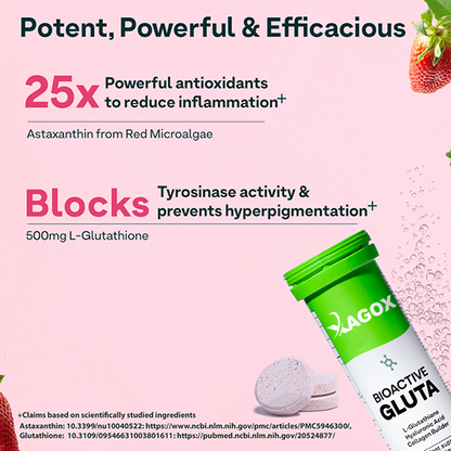 Xagox® Bioactive Gluta Fizzy-5 Potent Antioxidants | Glutathione tablets For Radiance & Hydration| With Hyaluronic Acid, Lycopene, Astaxanthin - Strawberry swirl, Pack of 2 (30 Tablets)