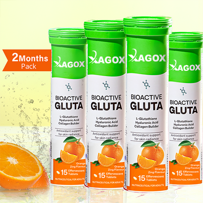 Xagox® Bioactive Gluta Fizzy-5 Potent Antioxidants | Glutathione tablets For Radiance & Hydration| With Hyaluronic Acid, Lycopene, Astaxanthin - Strawberry swirl, Pack of 2 (30 Tablets)